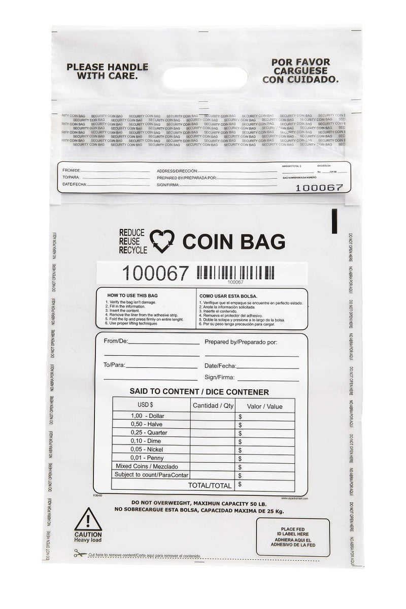 US PACK SMART Clear Plastic Coin Bag 12.5" x 21.5" | 50 lb. Capacity | Sequential Barcode Number, Self-Sealing, Permanent Adhesive, Ideal for Handling and Transport of Coins and Casino Chips | 50-Pack - Image 1